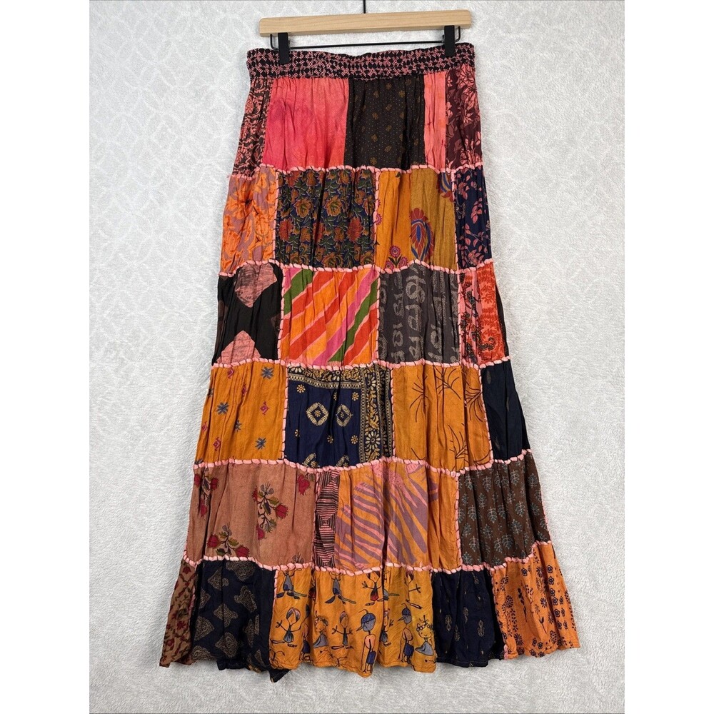 Ana & Kate Maxi Skirt M Orange Pink Patchwork Peasant Festival Hippie Boho Y2K - Picture 4 of 11